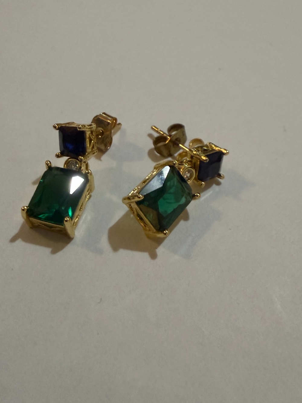 Gold-Plated Green and Blue Emerald Drop Earrings - Picture 4 of 7